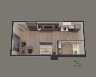 an overhead view of a small apartment with a bedroom and a living room