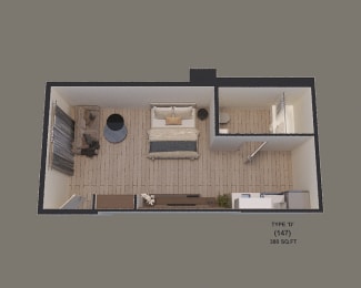 an overhead view of a room with a bedroom and a living room