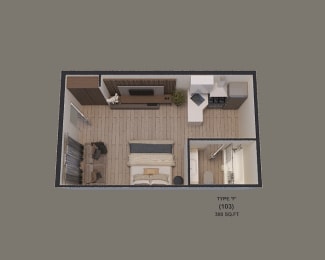 an overhead view of a small apartment with a bedroom and a living room