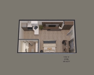 an aerial view of the living room of a small apartment