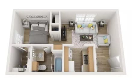 a spacious bedroom with a bed and a bathroom
