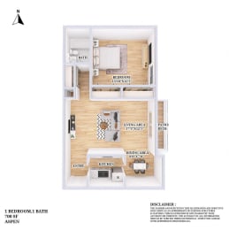 Floor plan of a unit with a bedroom and a bathroom