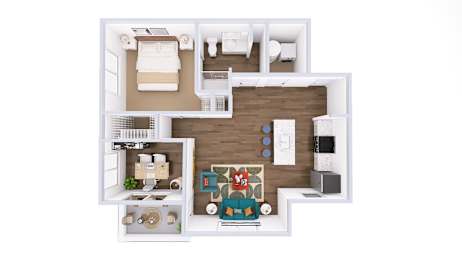 3D floor plan with one bedroom and open layout at Wrights Point* Apartments, Kentucky, 41011