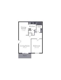 A floor plan of a house with a living room, dining room, kitchen, bathroom and two bedrooms.