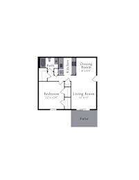 A floor plan of a house with a living room, dining room, kitchen, bath, and bedrooms.