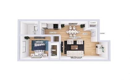A diagram of a house layout with labeled rooms such as Bath, Kitchen, Living Room, Bedroom, and Entry.