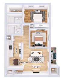 A floor plan of an apartment with a living room, kitchen, dining area, and two bedrooms.