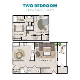 A floor plan of a two bedroom, two bathroom apartment.