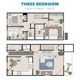 A diagram of a three bedroom apartment with dimensions and furniture layout.