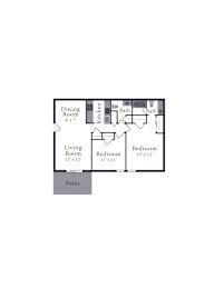 A floor plan of a house with a living room, dining room, kitchen, two bathrooms, and two bedrooms.