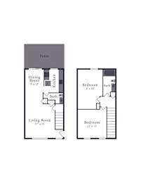 A floor plan of a house with a patio, dining room, kitchen, living room, and three bedrooms.