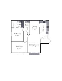 A floor plan of a house with a living room, two bedrooms, a dining room, and a kitchen.