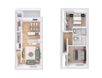 Two images of a small apartment layout.