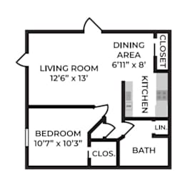 A floor plan of a small apartment with a living room, bedroom, kitchen, and bathroom.