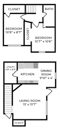 A set of three floor plans for a house with a living room, kitchen, and two bedrooms.