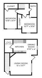 A floor plan of a home with two bedrooms, a living room, a dining room, a kitchen, a bathroom, and a closet.