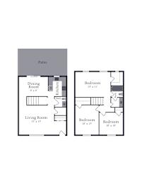 A floor plan of a house with a living room, dining room, kitchen, and three bedrooms.