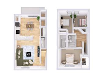 Two images of a small apartment layout with a kitchen, living room, and bedroom.