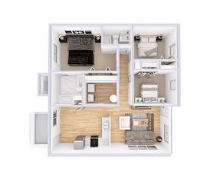 A top-down view of a small apartment with a kitchen, living room, and bedroom.