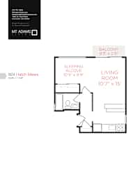 A floor plan for a studio apartment with a sleeping alcove and living room.