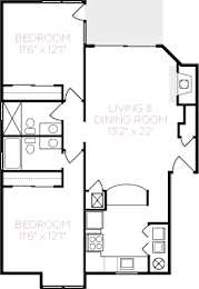 A black and white image of a floor plan for a home with two bedrooms and a living and dining room.