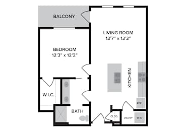 A floor plan of a home with a living room, bedroom, bathroom, and kitchen.