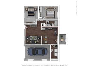 A drawing of a house with a kitchen, living room, and bedrooms.