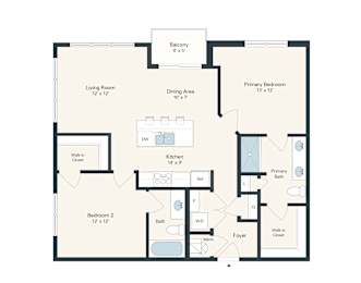 A floor plan of a house with a living room, two bedrooms, a kitchen, a dining area, a bathroom, and a foyer.