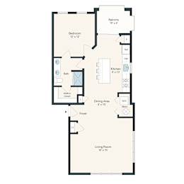 A floor plan of a house with a living room, dining area, kitchen, bathroom, bedroom and balcony.
