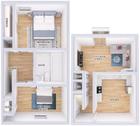 a stylized floor plan of a small house with a bedroom and a bathroom