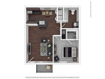A floor plan of a small apartment with a kitchen, living room, and bathroom.