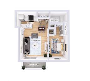 A diagram of a house layout with a living room, dining room, kitchen, and bedrooms.