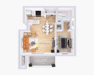 A floor plan of a house with a living room, dining room, kitchen, bedroom, bathroom, closet, and storage.
