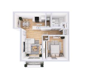 A floor plan of a house with a living room, dining room, kitchen, bath, and closet.