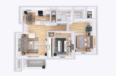 A floor plan of a house with a living room, dining room, kitchen, and two bedrooms.