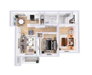 A 3D floor plan of a house showing the layout of the rooms.