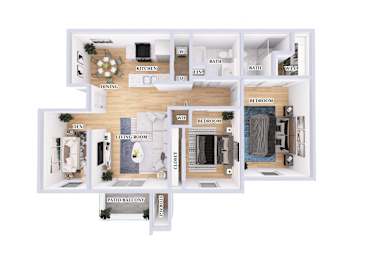 A floor plan of a house with a living room, dining room, kitchen, two bedrooms, a bathroom, and a patio/balcony.