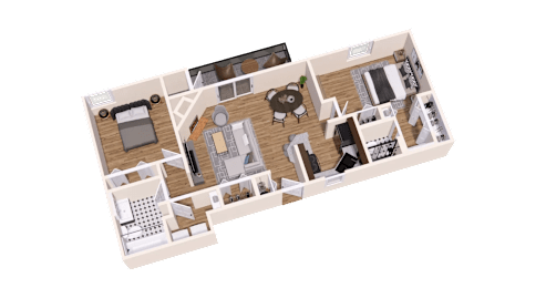A 3D floor plan of a house with a kitchen, living room, and bedrooms.