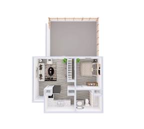 A white dollhouse with a grey wall and a brown floor.