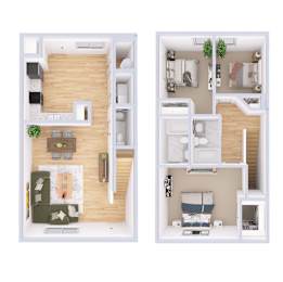 A floor plan of a two-bedroom apartment with a living room and a kitchen.