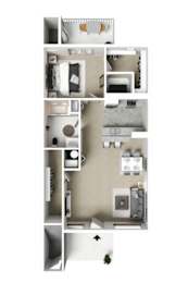 A floor plan of a small apartment with a kitchen, living room, and bathroom.