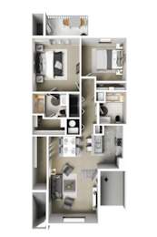 A floor plan of a small apartment with a kitchen, living room, and two bedrooms.