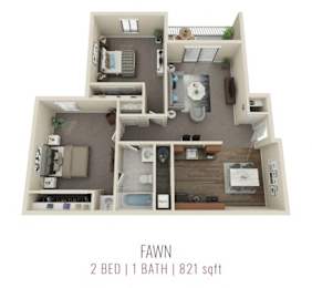 A 2 bedroom, 1 bathroom apartment is 821 square feet.