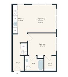 A floor plan of a small apartment with a kitchen, living room, bedroom, bathroom, and foyer.