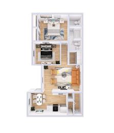 A top-down view of a two-story apartment with a living room, kitchen, and bedrooms.