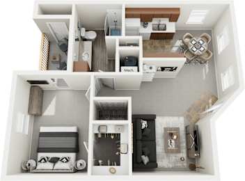 A 3D floor plan of a small apartment with a kitchen, living room, and bathroom.