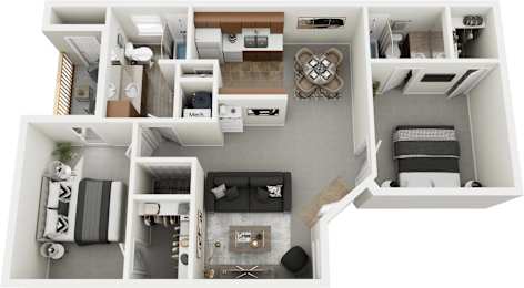 A top-down view of a small apartment with a kitchen, living room, and bedroom.