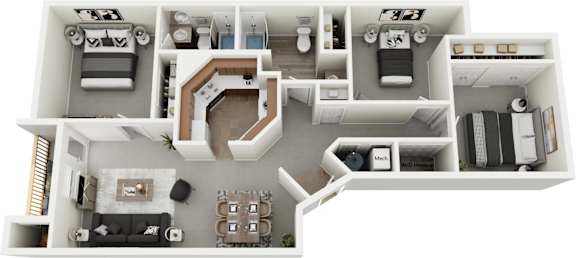 A 3D layout of a house showing the arrangement of rooms.