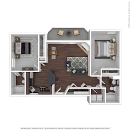 A floor plan of a house with a living room, kitchen, and two bedrooms.