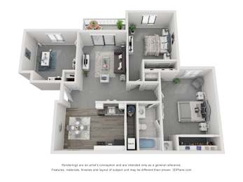 A 3D floor plan of a house with multiple rooms and furniture.